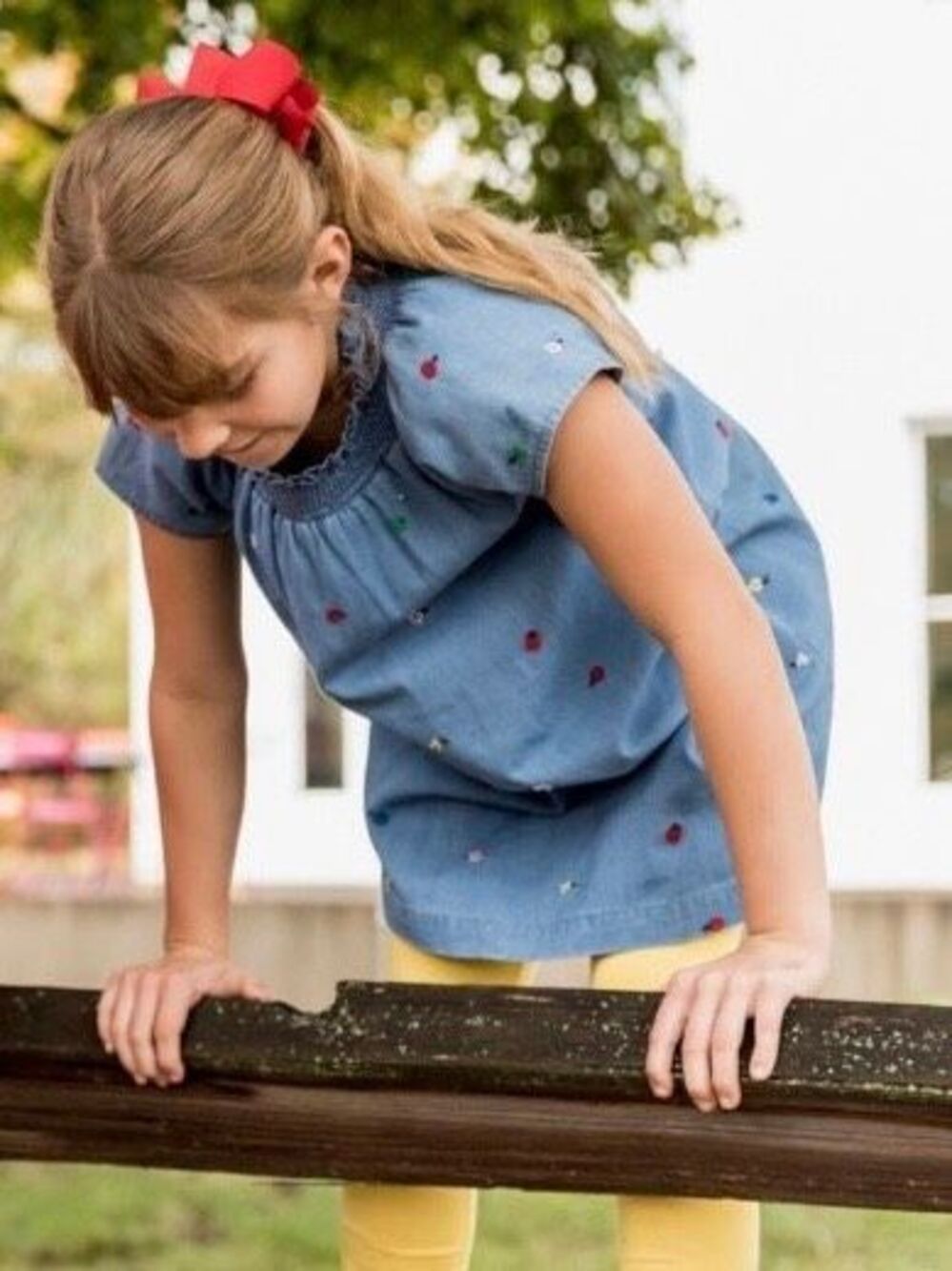 Hanna Andersson Girls 6/7 (120) Flower Embroidered Chambray Denim Dress
